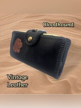 Vintage Black Leather Women's Wallet with Bloodhound Design